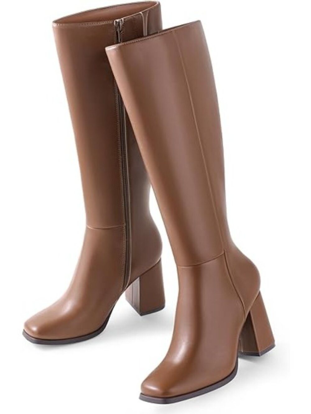 Ankis Size 8 Boots Knee High Squared Toe Brown Side Zipper Elastic Stretch Panel